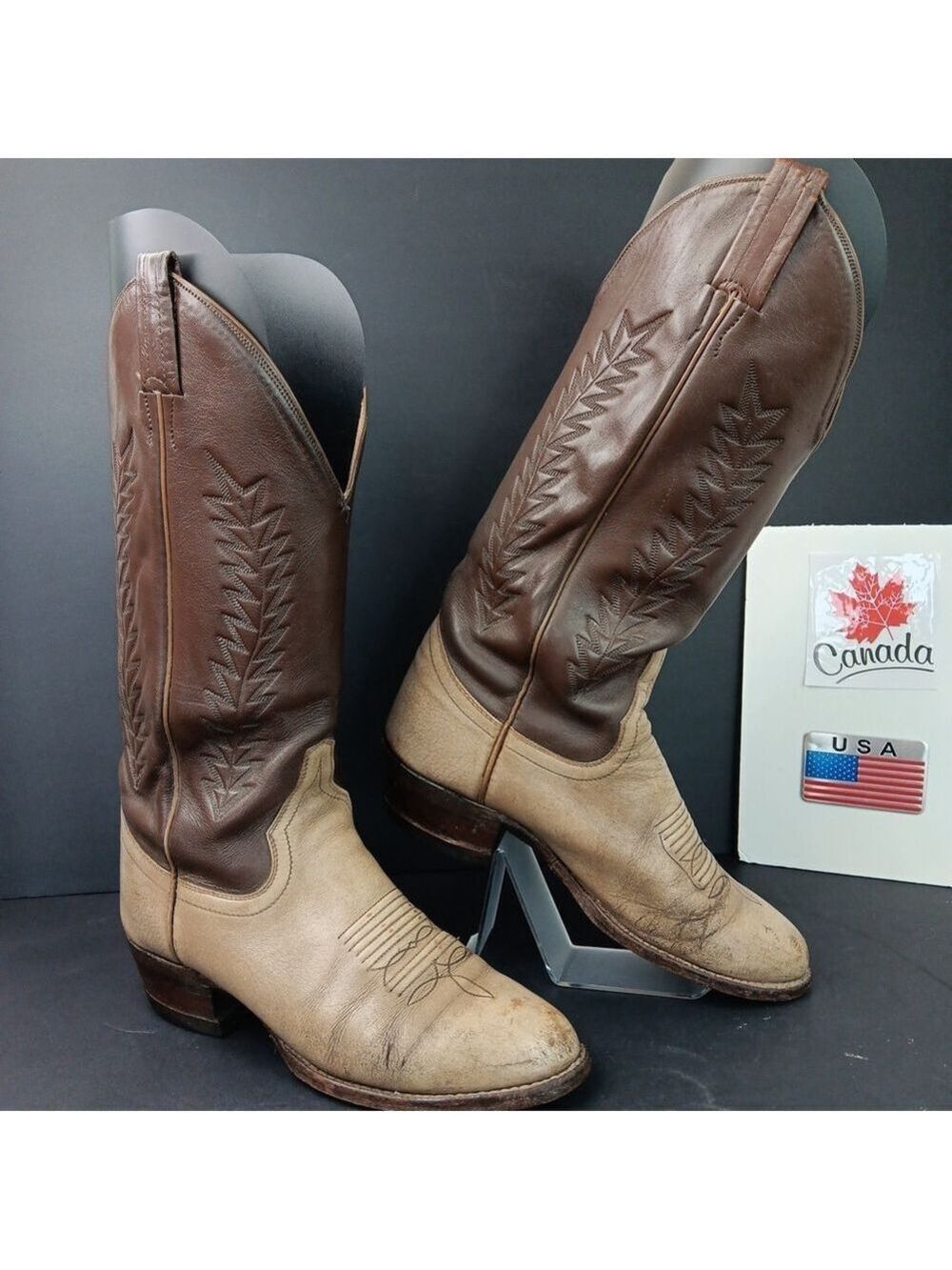 Sanders 2 Tone Bull Hide Leather Cowboy Boots Men's Size 7.5 D Style MEXICO